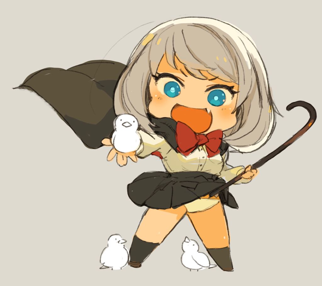 1girl, blue_eyes, bow, bowtie, breasts, cape, chibi, full_body