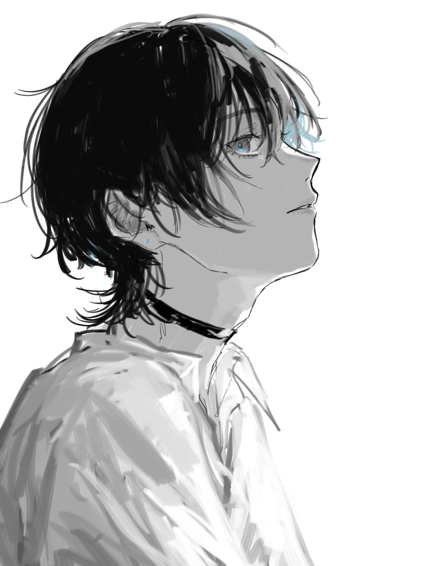 1boy, adam's_apple, black_hair, choker, ear_piercing, earrings, grey_eyes, highres, jewelry, looking_to_the_side, male_focus, original, pale_skin, pd_ta1, piercing, shirt, stud_earrings, white_shirt