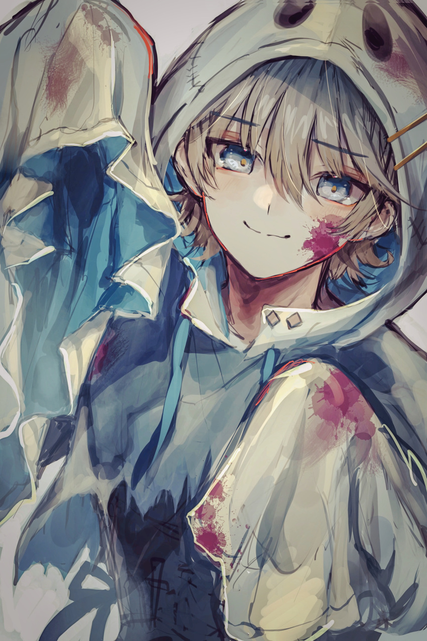 1boy, absurdres, blonde_hair, blood, blood_on_clothes, blood_on_face, blood_splatter, blue_eyes, brown_hair, cloak, ghost, halloween, highres, hood, hoodie, long_sleeves, male_focus, original, pale_skin, smile, u-sama_(u_summer0719)
