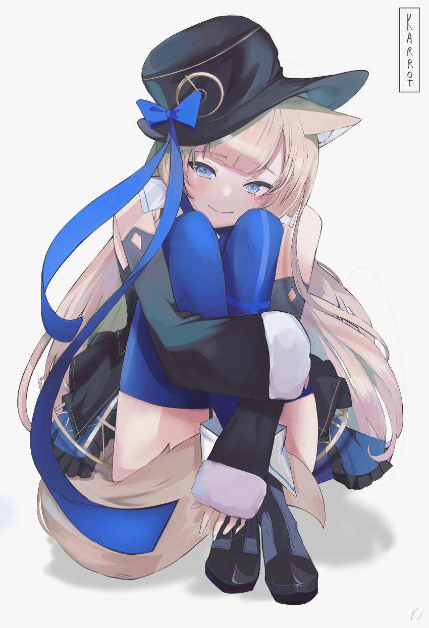 1girl, absurdres, animal_ear_fluff, animal_ears, black_headwear, blue_eyes, blue_legwear, boots, bow, clock_hands, detached_sleeves, fox_ears, fox_girl, fox_tail, fur-trimmed_sleeves, fur_trim, hat, hat_ribbon, highres, hugging_own_legs, karrotvtuber, light_brown_hair, prism_project, ribbon, solo, symbol-shaped_pupils, tail, thigh-highs, tilted_headwear, tokimori_aoi