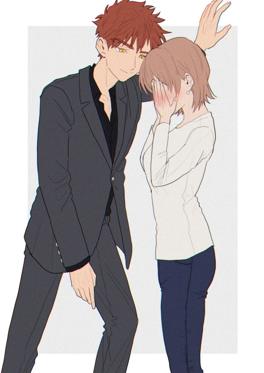 1boy, 1girl, absurdres, against_wall, age_difference, blush, breasts, brown_hair