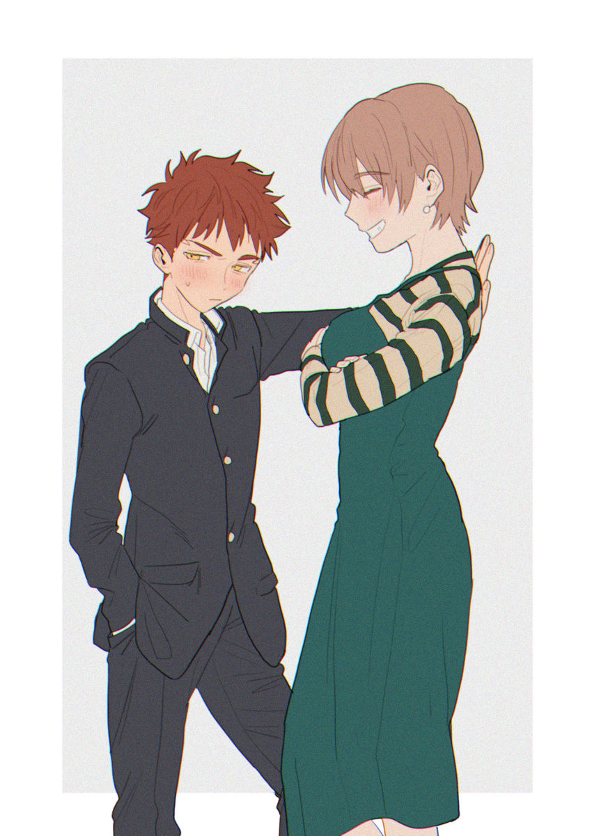 1boy, 1girl, ^_^, ^o^, absurdres, against_wall, age_difference, blush