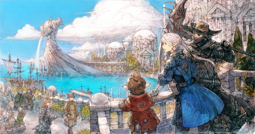 1boy, 2others, against_railing, alphinaud_leveilleur, ambiguous_gender, antenna_hair, architecture, artist_name
