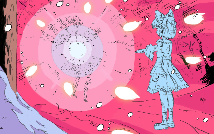 1girl, absurdres, blank_stare, bow, clenched_hand, danmaku, detached_sleeves, disintegration