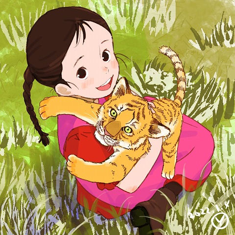 1girl, 2022, :d, animal, black_eyes, black_hair, boots, braid, brown_footwear, brown_hair, child, chinese_zodiac, dress, from_above, grass, happy, holding, holding_animal, long_hair, looking_at_viewer, looking_up, lowres, lucy_may_popple, minami_no_niji_no_lucy, oekaki, pink_dress, red_dress, sakai_yume, signature, sitting, smile, teeth, tiger, world_masterpiece_theater, year_of_the_tiger