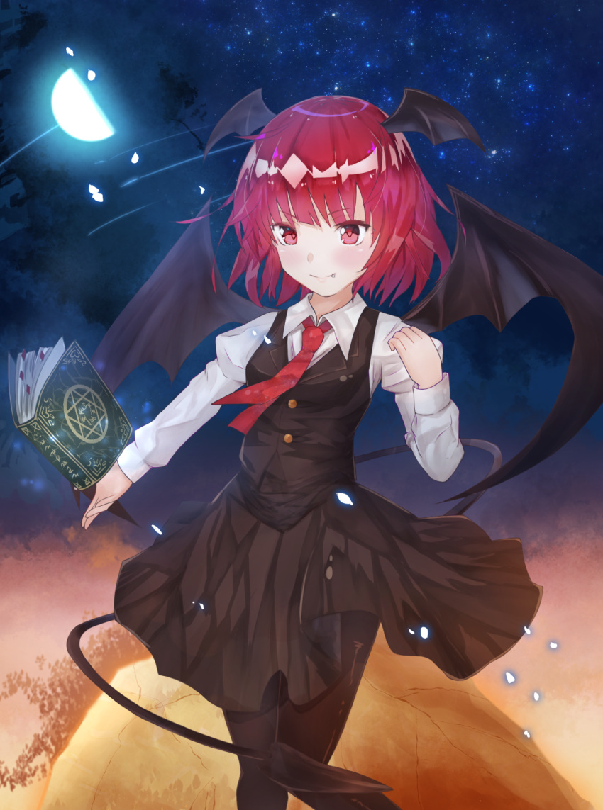 >:), 1girl, alternate_hair_length, alternate_hairstyle, bat_wings, black_legwear, black_skirt, black_vest
