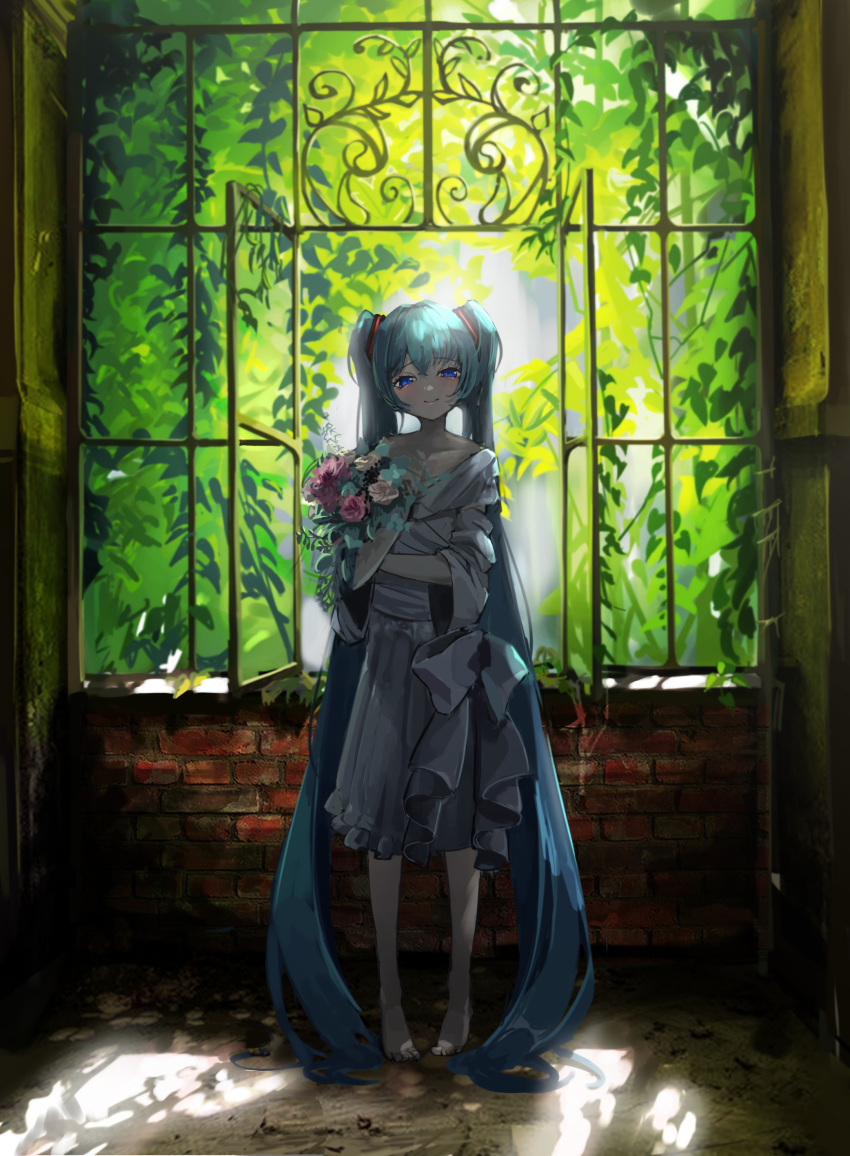 1girl, absurdly_long_hair, absurdres, aqua_hair, bangs, barefoot, blue_eyes, blush, bouquet, brick_wall, collarbone, dress, eyebrows_visible_through_hair, frilled_dress, frills, hair_between_eyes, hatsune_miku, highres, holding, holding_bouquet, long_hair, long_sleeves, looking_at_viewer, open_window, plant, rerendi, ribbon, smile, solo, twintails, very_long_hair, vines, vocaloid, white_dress, white_ribbon, window