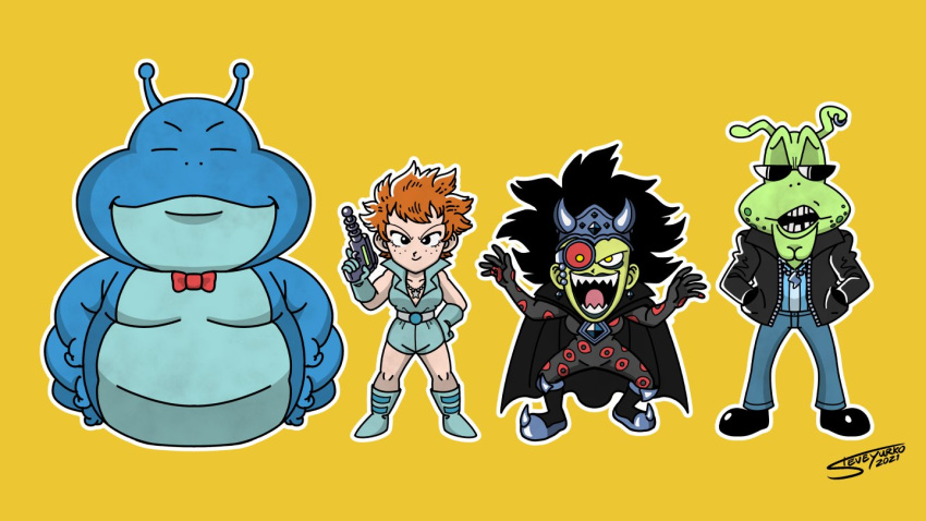 2boys, 2girls, alien, annoyed, antennae, arms_up, artificial_eye, bangs