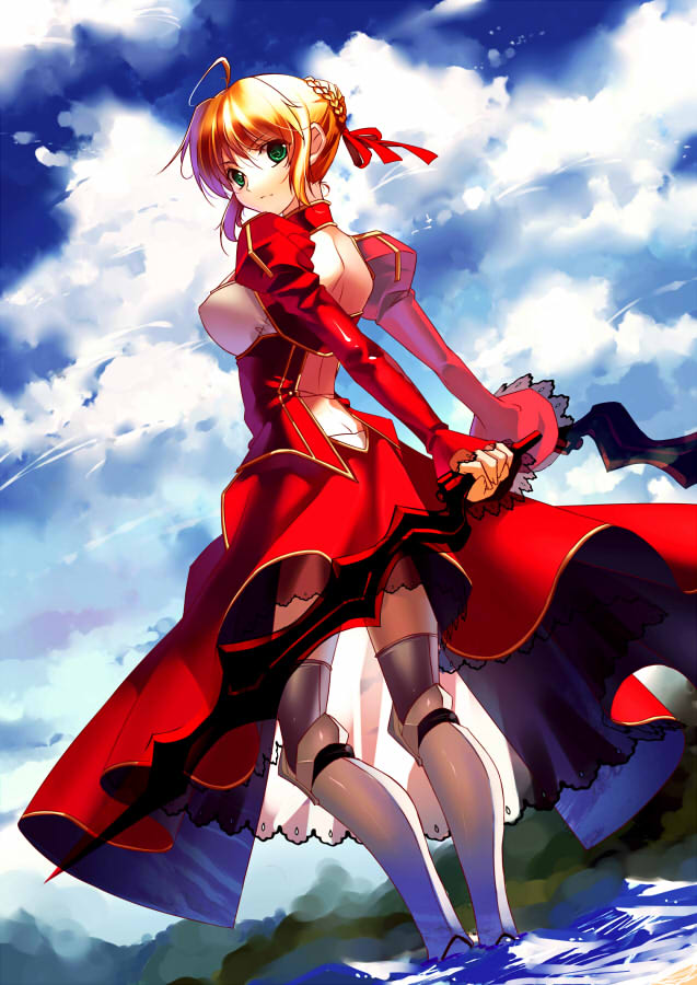1girl, aestus_estus, ahoge, blonde_hair, braid, breasts, cleavage, commentary_request, dress, epaulettes, fate/extra, fate/grand_order, fate_(series), french_braid, green_eyes, hair_intakes, hair_ribbon, juliet_sleeves, large_breasts, long_sleeves, miyazakisoul, nero_claudius_(fate), nero_claudius_(fate)_(all), open_mouth, puffy_sleeves, red_dress, red_ribbon, ribbon, saber_extra, see-through, solo, sword, weapon, wide_sleeves
