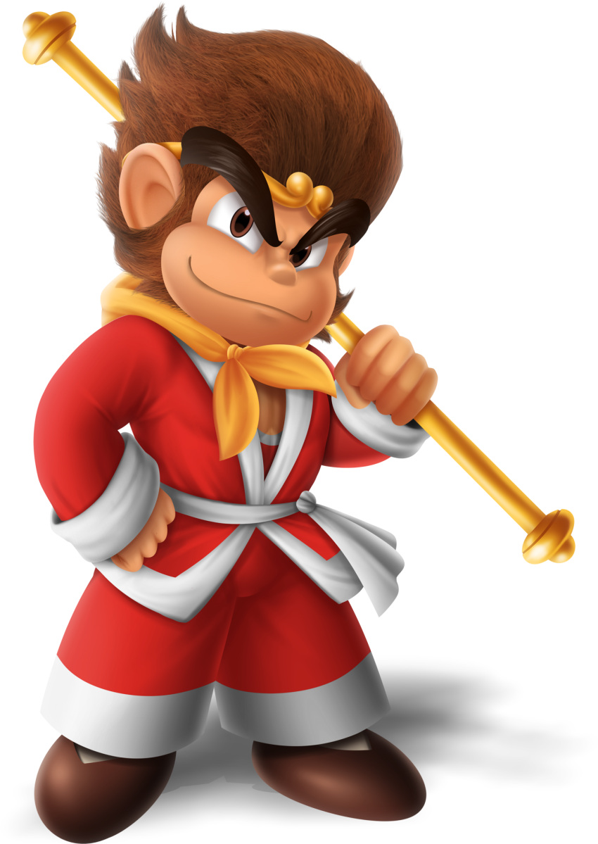 1boy, brown_eyes, brown_footwear, circlet, clenched_hand, english_commentary, famicom_mukashibanashi:_yuyuki, full_body, goku_(yuyuki), hand_on_hip, highres, holding, holding_staff, holding_weapon, looking_at_viewer, monkey_boy, pants, red_pants, red_robe, robe, ruyi_jingu_bang, sash, shadow, shoes, smile, solo, staff, standing, super_smash_bros., thick_eyebrows, transparent_background, weapon, white_sash, zieghost