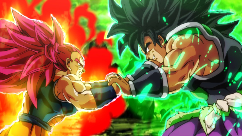 2boys, alternate_universe, aura, black_hair, blue_sash, bracer, broly_(dragon_ball_super), clenched_teeth