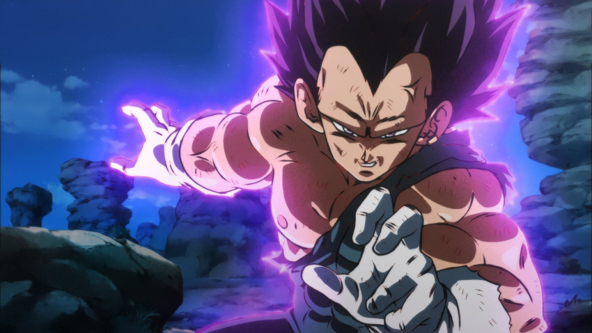 1boy, anger_vein, aura, black_hair, blue_bodysuit, bodysuit, derivative_work, dragon_ball, dragon_ball_super, ear_ornament, fighting_stance, foliage, gloves, highres, iamthetrev, looking_at_viewer, male_focus, manga_panel_redraw, mix_the_skele, muscular, night, no_eyebrows, official_style, outdoors, rock, shintani_naohiro_(style), smirk, solo, spiky_hair, torn_clothes, ultra_ego_(dragon_ball), vegeta, white_gloves, widow's_peak