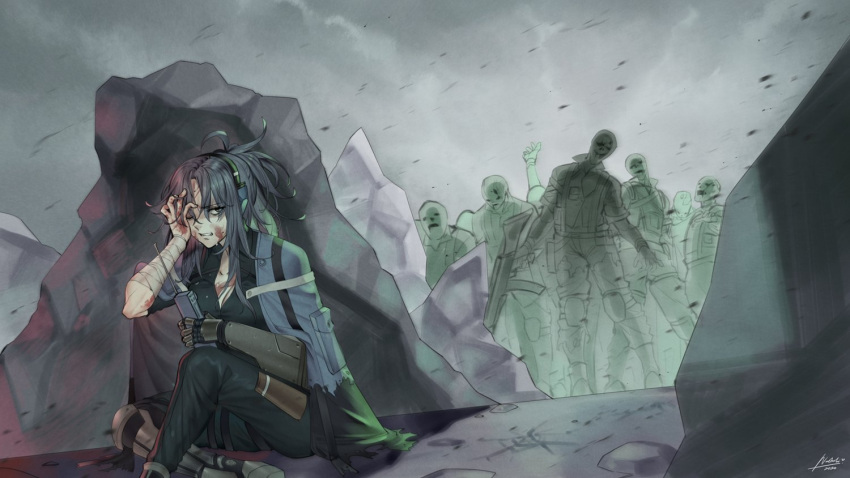 1girl, angelia_(girls'_frontline), arm_up, assault_rifle, bandaged_arm, bandages, black_pants, black_skirt, blood, blood_on_face, blood_splatter, blue_jacket, collared_shirt, debris, elid_(girls'_frontline), english_commentary, girls_frontline, gun, hand_on_own_face, headphones, hiding, holding, holding_gun, holding_walkie-talkie, holding_weapon, jacket, jacket_on_shoulders, knee_pads, long_hair, mechanical_arms, mechanical_legs, messy_hair, military, military_uniform, nashoki, on_floor, one_eye_closed, pants, ponytail, prosthesis, prosthetic_arm, prosthetic_leg, rifle, shirt, signature, single_mechanical_arm, single_mechanical_leg, skirt, uniform, walkie-talkie, weapon, wind, wing_collar