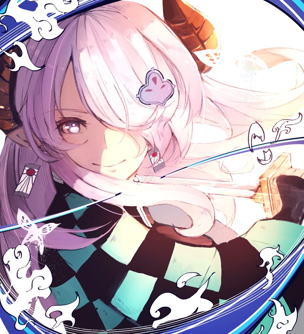 1girl, checkered_haori, cosplay, drawing_sword, earrings, granblue_fantasy, hair_ornament, hair_over_one_eye