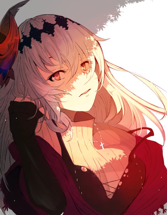 1girl, casual, dappled_sunlight, dark_jeanne, frown, granblue_fantasy, hair_ornament, hairband, jeanne_d'arc_(granblue_fantasy), long_hair, red_eyes, ribbed_sweater, rosary, simple_background, solo, strap_slip, sunlight, sweater, tiaki208, turtleneck, turtleneck_sweater, white_background