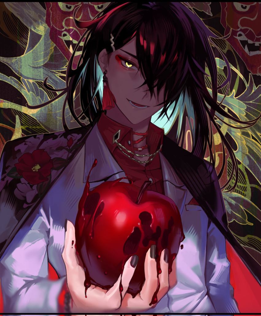 1boy, apple, bangs, bead_bracelet, beads, black_hair, black_nails, bracelet, choker, collared_shirt, eyeshadow, food, fruit, gear_(gear_990), hair_behind_ear, hair_over_one_eye, highres, holding, holding_food, holding_fruit, jacket, jewelry, kimono_on_shoulders, looking_at_viewer, makeup, mask, multicolored_hair, necklace, nijisanji, nijisanji_en, one_eye_covered, oni_mask, open_mouth, red_choker, red_eyeshadow, red_shirt, redhead, shirt, smile, solo, streaked_hair, virtual_youtuber, vox_akuma, white_jacket, yellow_eyes
