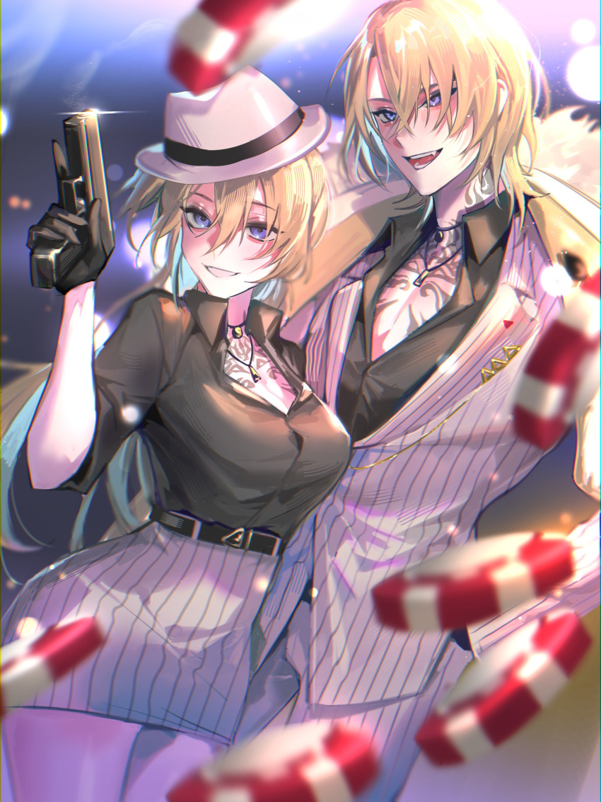 1boy, 1girl, absurdres, belt, black_belt, black_shirt, blue_eyes, blush
