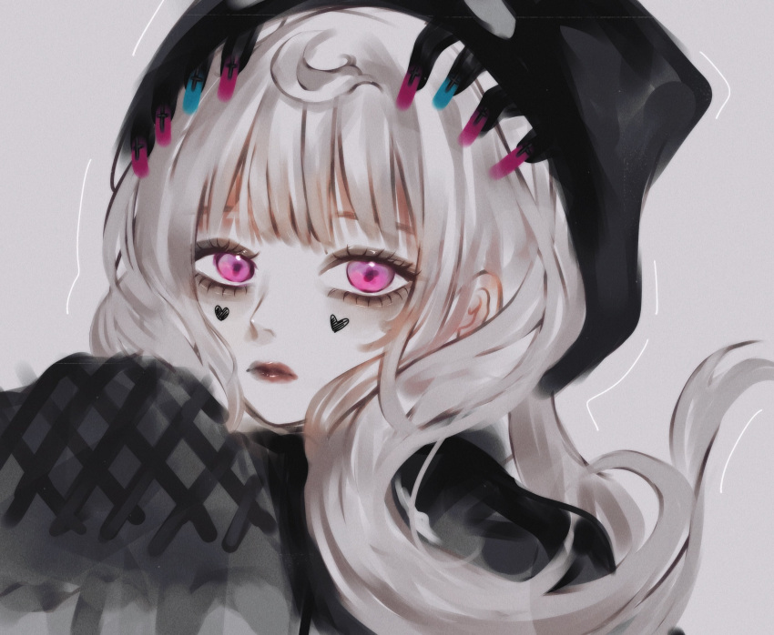 1girl, black_dress, dress, eyebrows_behind_hair, facial_mark, grey_background, grey_hair, hair_behind_ear