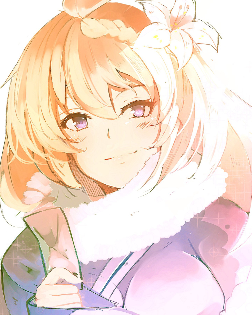 1girl, blonde_hair, feather_boa, flower, granblue_fantasy, hair_between_eyes, hair_flower, hair_ornament