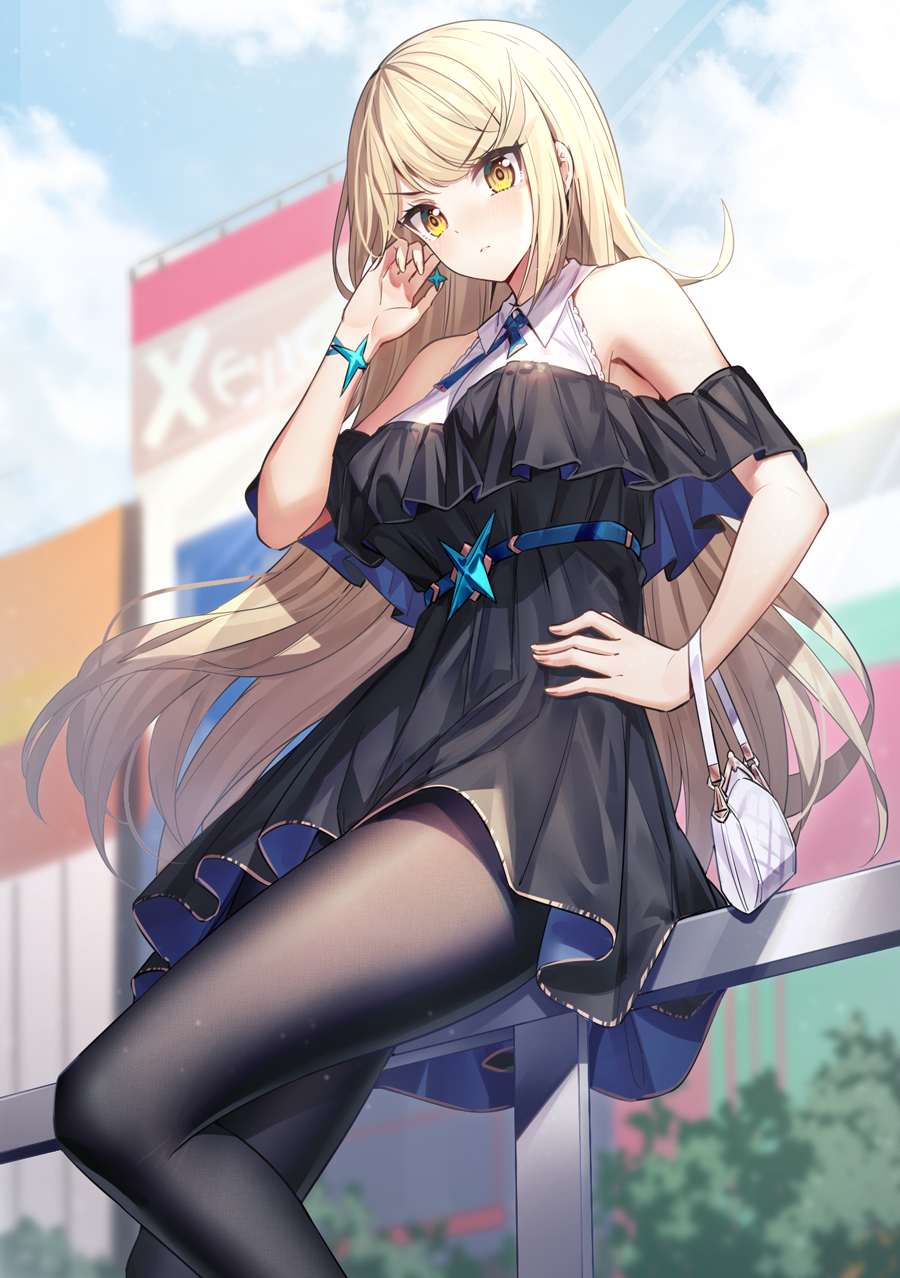 1girl, bag, bangs, bare_shoulders, black_dress, black_legwear, blonde_hair, blue_sky