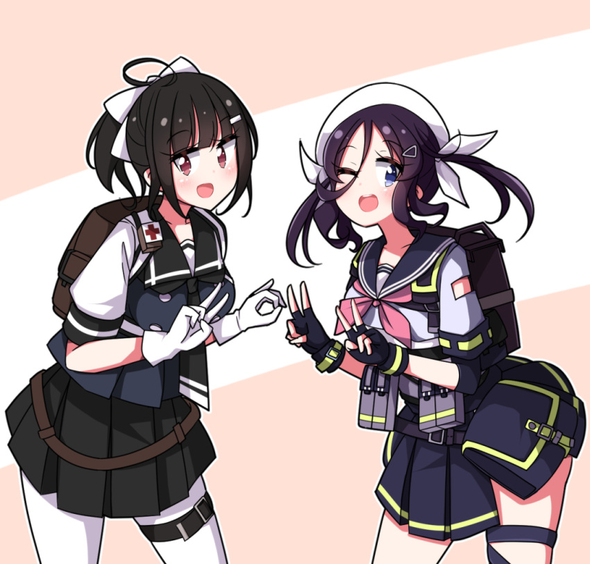 2girls, ac130, backpack, bag, black_hair, bow, cross, fingerless_gloves