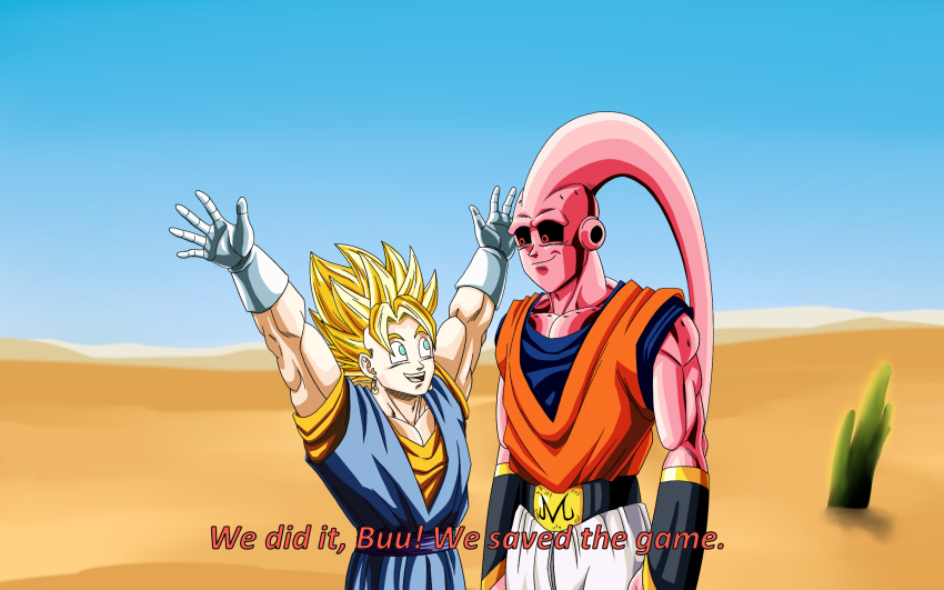 2boys, a_silvers_1997, aqua_eyes, arms_up, belt, black_belt, black_sclera, blonde_hair