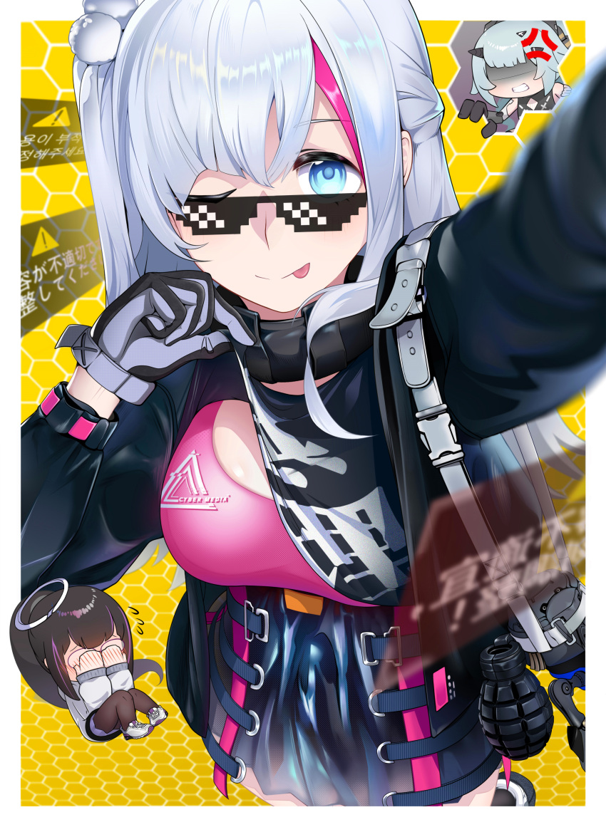 1girl, absurdres, bangs, black_shirt, blue_eyes, closed_mouth, clothes_lift, explosive