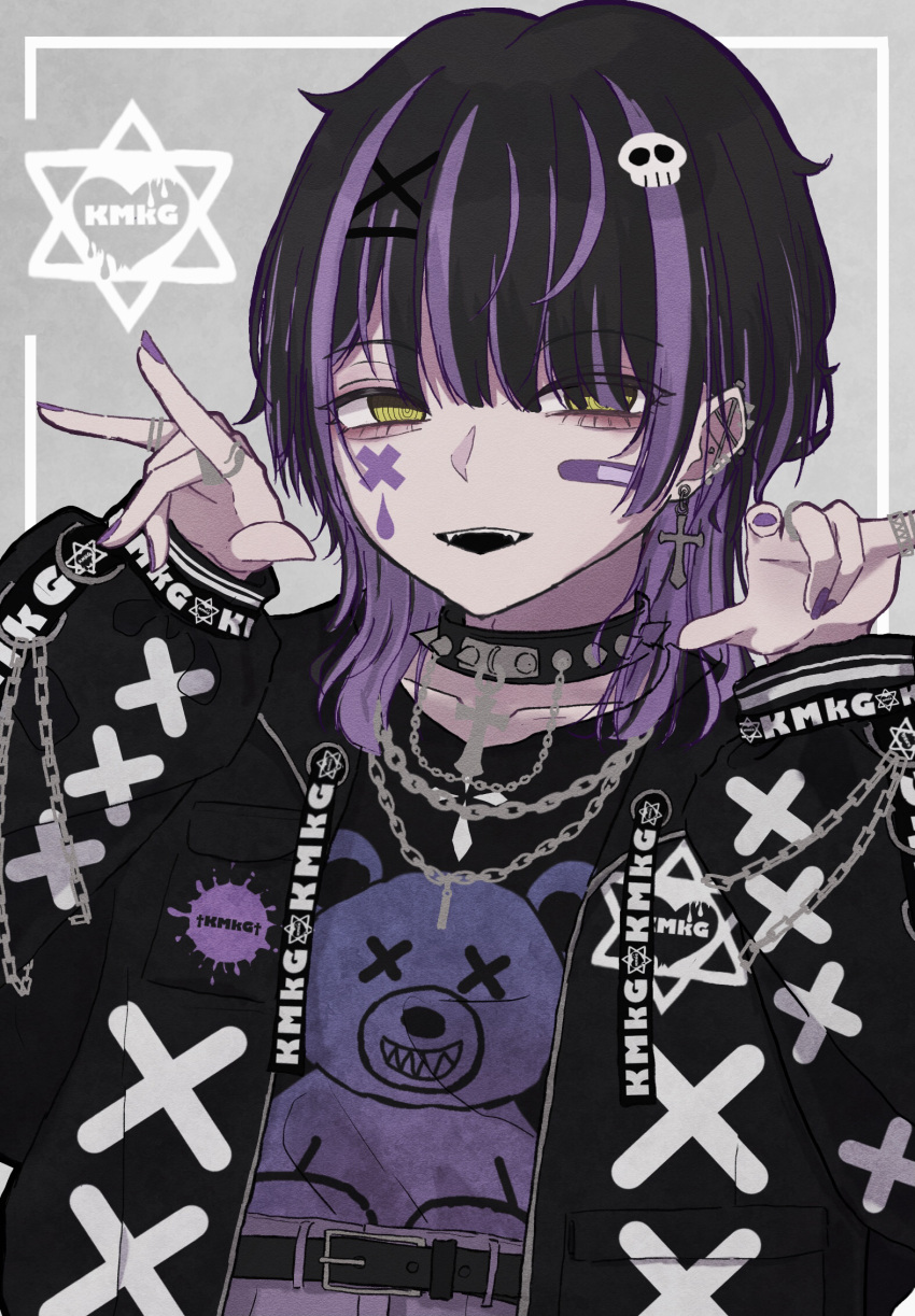 1boy, black_hair, choker, crazy, cross, ear_piercing, earrings, hair_ornament, hairclip, highres, jewelry, looking_at_viewer, male_focus, multicolored_hair, nail_polish, original, pale_skin, piercing, purple_hair, ring, skull, stuffed_animal, stuffed_toy, szr71, teddy_bear, yami_kawaii, yellow_eyes
