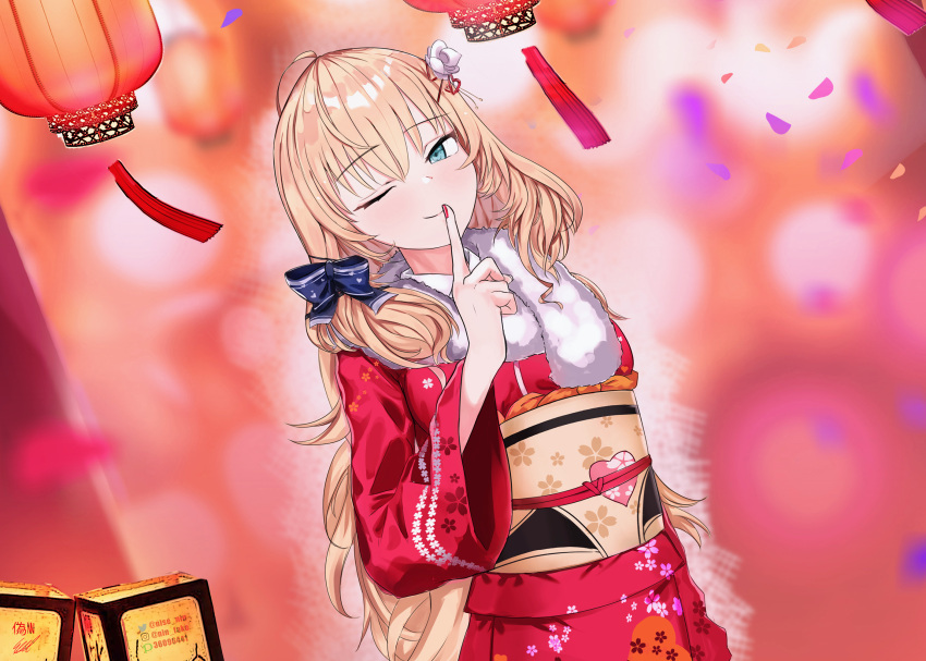 1girl, ahoge, akai_haato, bangs, blonde_hair, blue_eyes, blurry, blurry_background