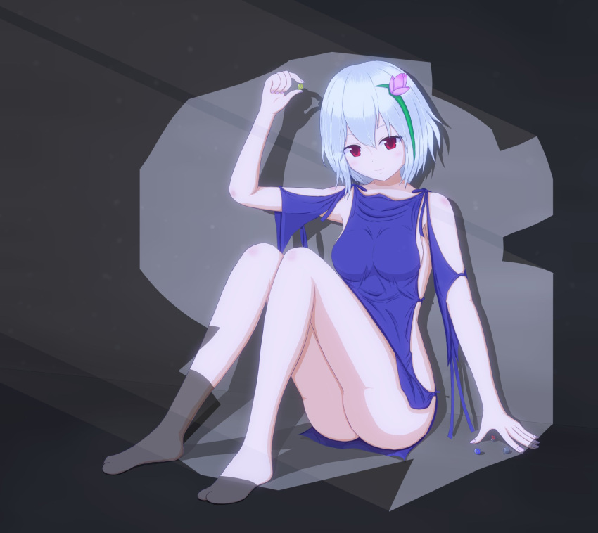 1girl, ass, barefoot, breasts, closed_mouth, flower, fragile:_sayonara_tsuki_no_haikyo, full_body, hair_flower, hair_ornament, highres, looking_at_viewer, nnnaxtu, red_eyes, ren_(fragile), short_hair, sideboob, sideless_outfit, smile, solo, white_hair