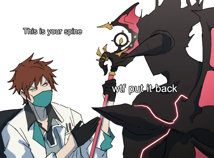 1boy, 1other, avatar_(granblue_fantasy), black_gloves, brown_eyes, brown_hair, demon, doctor