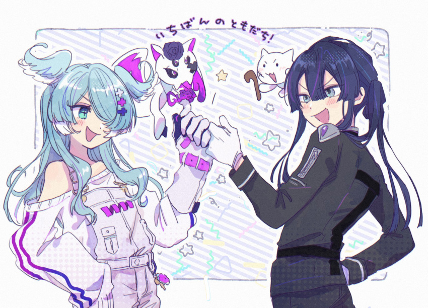 1boy, 1girl, 3968, bangs, black_jacket, blue_eyes, blue_hair, blush