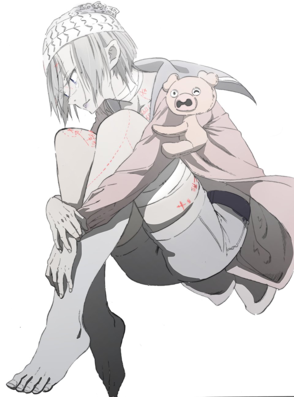1girl, bandages, barefoot, belt, black_hair, feet, fragile:_sayonara_tsuki_no_haikyo, full_body