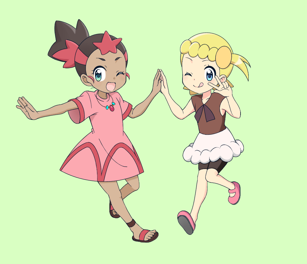 2girls, ;d, ;q, bike_shorts, blonde_hair, blue_eyes, blush, bonnie_(pokemon)