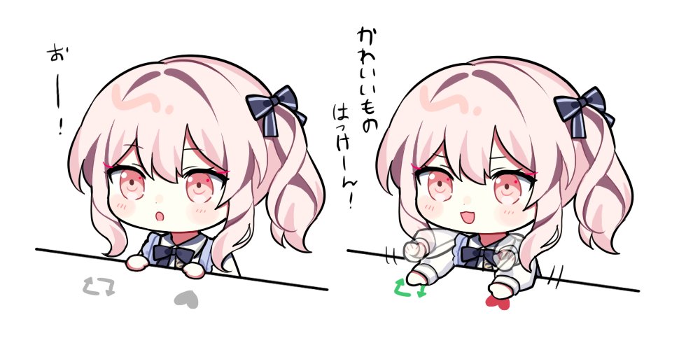 1girl, akiyama_mizuki, artist_request, blue_bow, bongo_cat, bow, bowtie, chibi