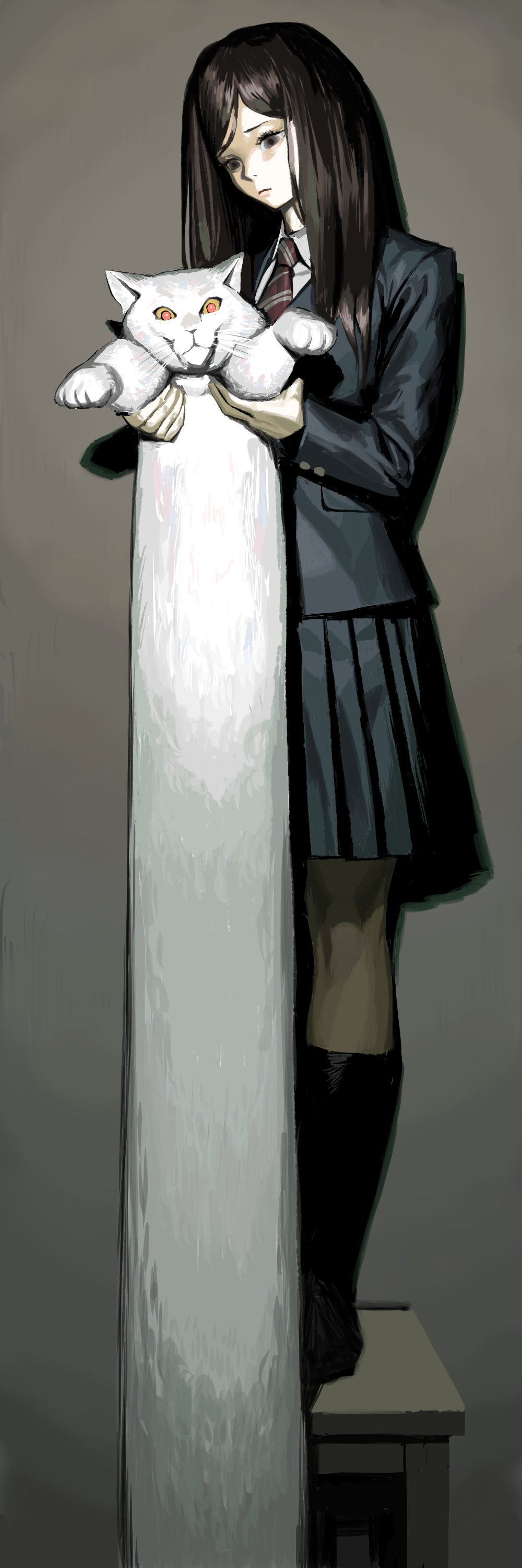 1girl, absurdres, animal, black_footwear, brown_hair, cat, colored_sclera, grey_eyes