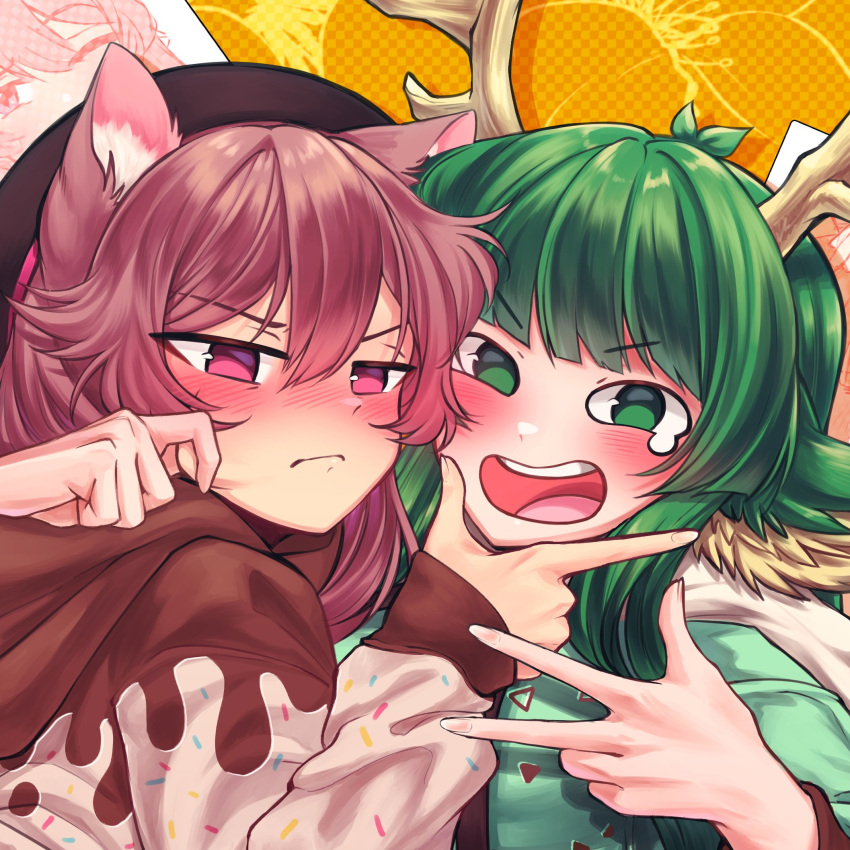 2girls, animal_ears, antlers, blush, cat_ears, cat_girl, commentary, crying