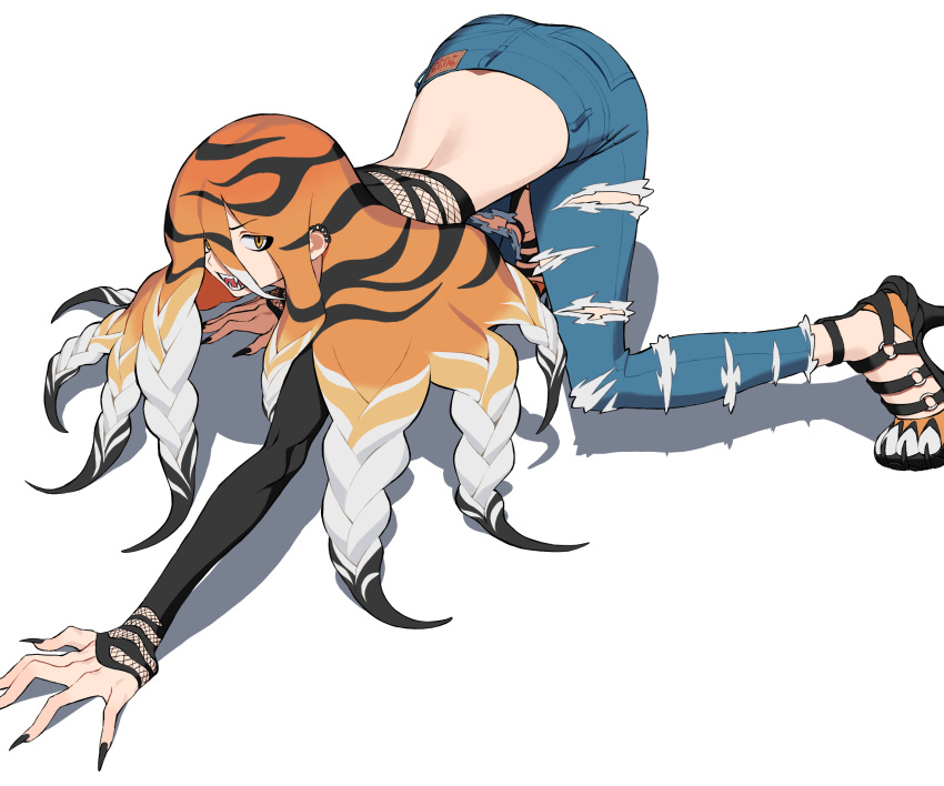 1girl, 2022, absurdres, all_fours, animal_print, black_footwear, black_nails, blue_pants, brown_eyes, chinese_zodiac, commentary_request, ear_piercing, earrings, eyes_visible_through_hair, fingernails, high_heels, highres, jewelry, kokonotsunbai, long_hair, looking_at_viewer, midriff, original, pants, piercing, print_hair, shadow, sharp_fingernails, simple_background, solo, tiger_print, torn_clothes, torn_pants, white_background, year_of_the_tiger