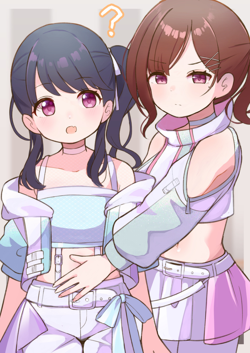 2girls, ?, absurdres, artist_request, bangs, belt, black_hair, brown_hair