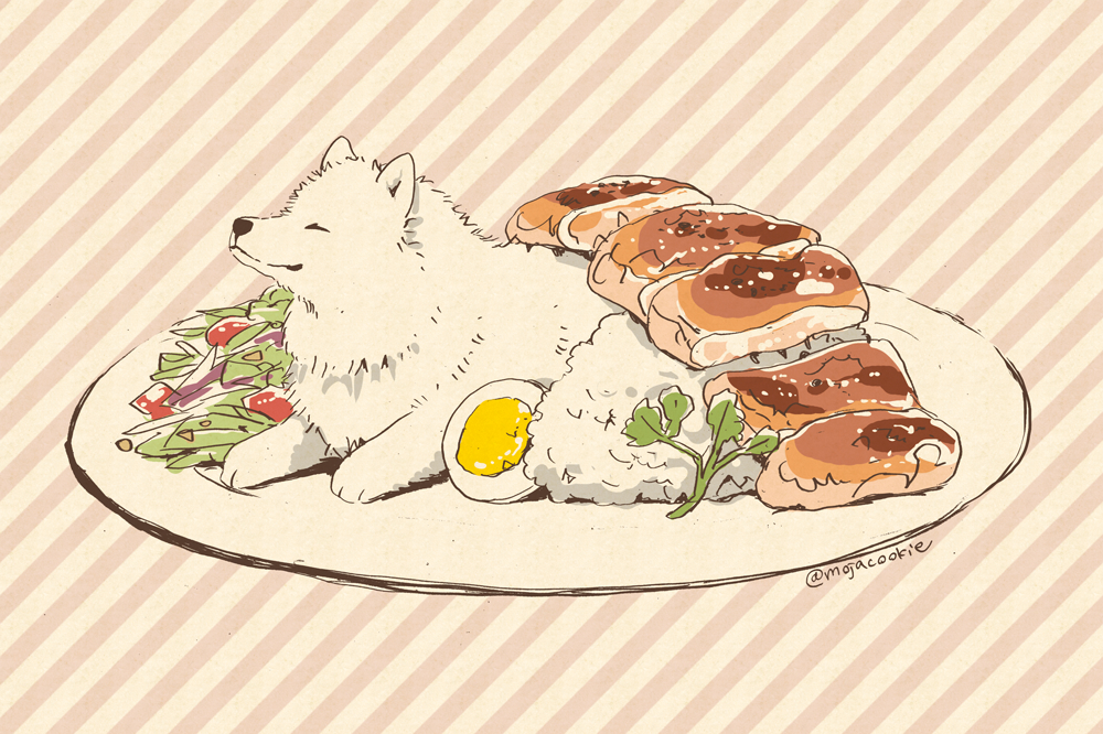 animal_focus, black_eyes, closed_eyes, dog, egg, fluffy, food, food_focus