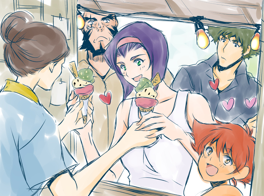 2boys, 3girls, absurdres, beard, cowboy_bebop, edward_wong_hau_pepelu_tivrusky_iv, facial_hair, faye_valentine