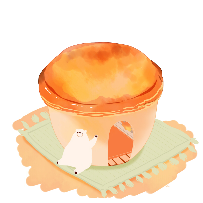 animal, animal_focus, arm_up, bear, carpet, chai, commentary, cushion, doorway, food, food_focus, house, lying, no_humans, on_back, original, pie, polar_bear, pot, red_carpet, signature, simple_background, sitting, souffle_(food), tassel, undersized_animal, waving, white_background