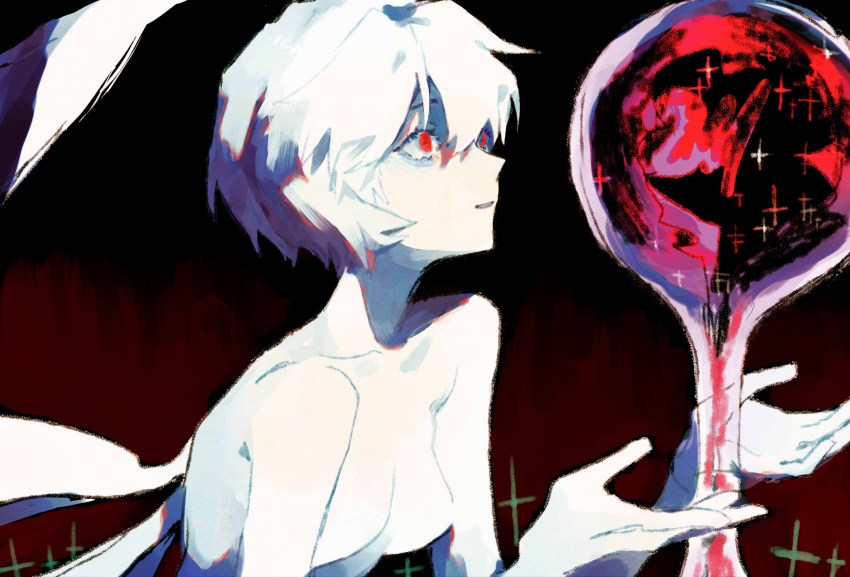 1girl, absurdres, ayanami_rei, blood, colored_skin, end_of_evangelion, giant, giantess