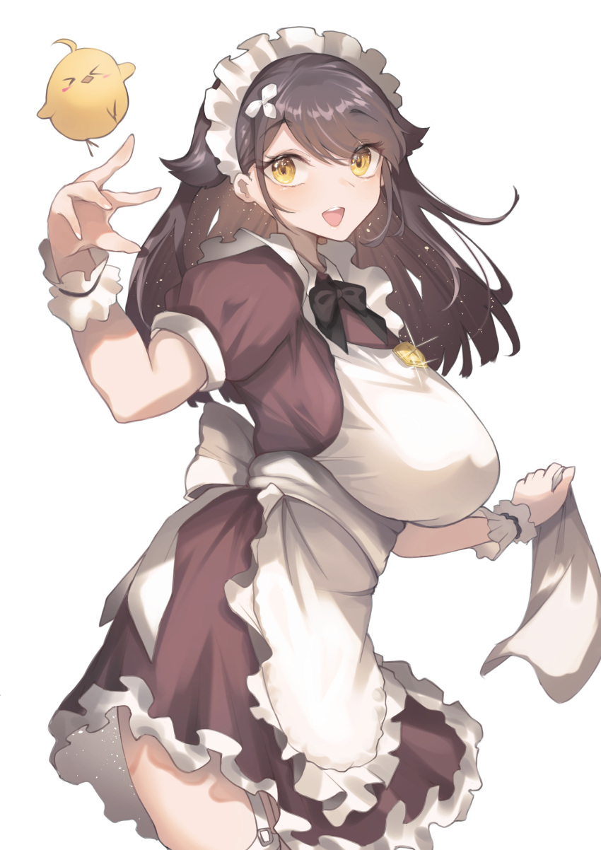 >_<, 1girl, absurdres, apron, azur_lane, breasts, brown_dress, brown_hair