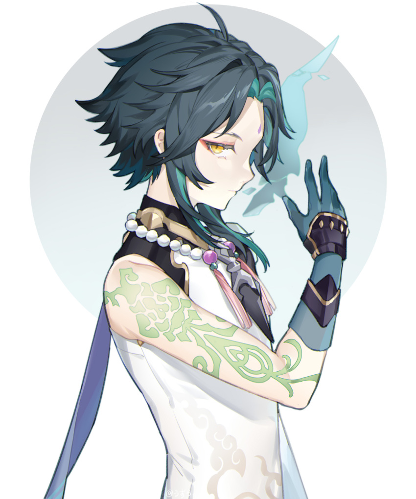 1boy, anchun_(quail0503), arm_tattoo, bead_necklace, beads, black_hair, blue_gloves, closed_mouth