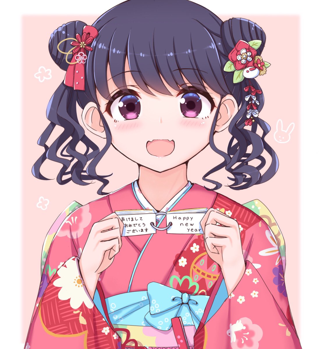 1girl, black_hair, commentary, double_bun, fangs, flower, fukumaru_koito, hair_flower