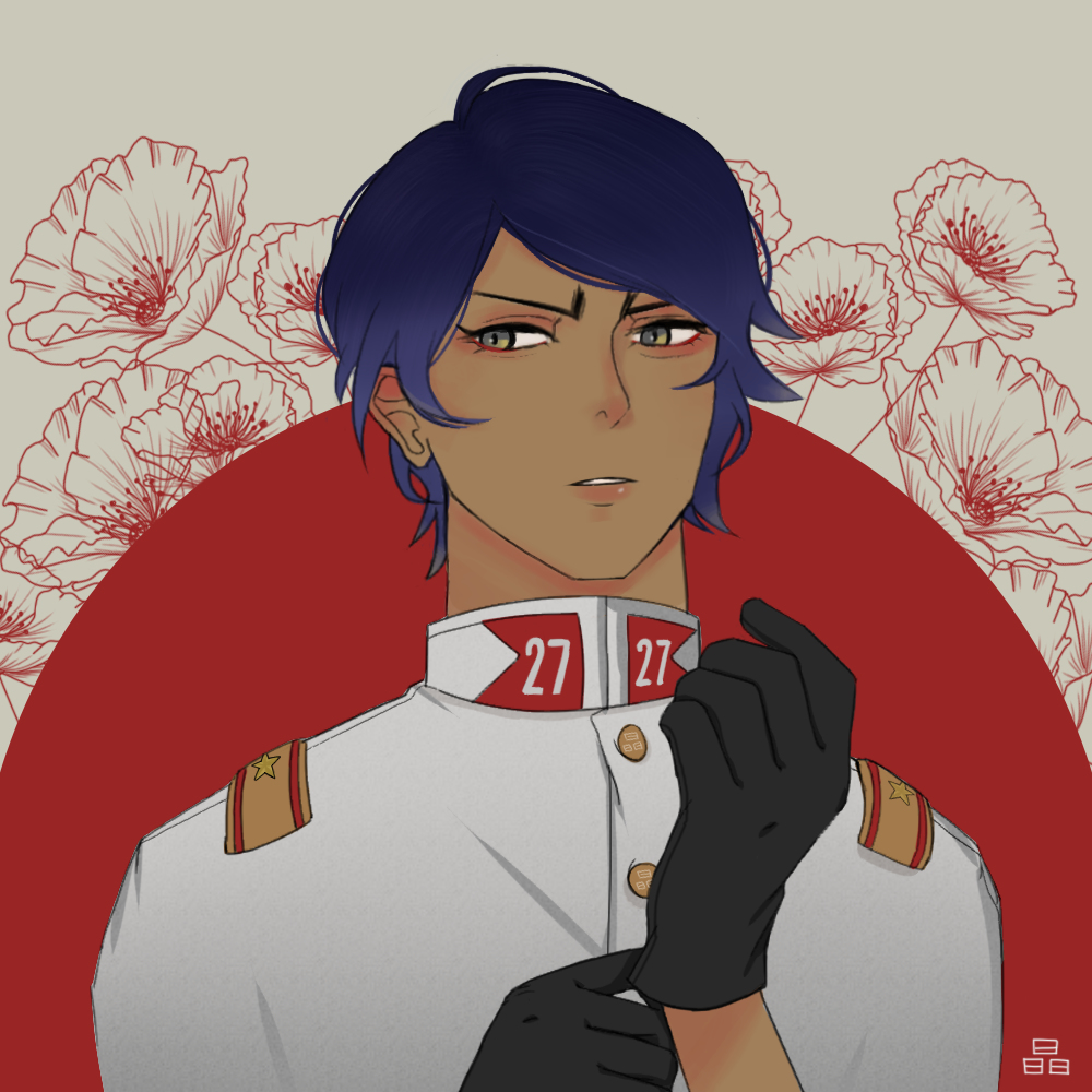 1boy, adjusting_clothes, adjusting_gloves, blue_hair, dark-skinned_male, dark_skin, flower, gloves