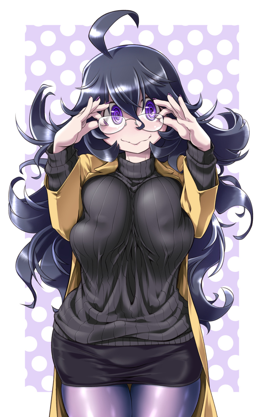1girl, @_@, absurdres, ahoge, alternate_costume, black_dress, breasts, coke-bottle_glasses