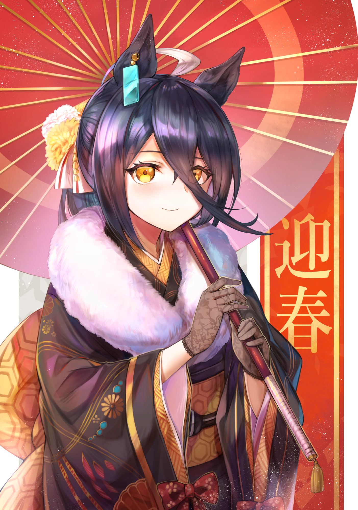 1girl, ahoge, animal_ears, black_hair, gloves, highres, horse_ears, japanese_clothes