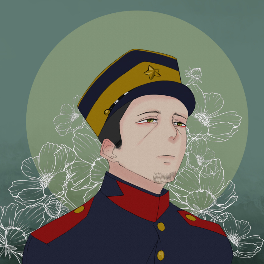 1boy, beard, black_hair, closed_mouth, facial_hair, flower, golden_kamuy, green_background, green_eyes, half-closed_eyes, hat, looking_to_the_side, lxjxng, male_focus, military, military_hat, military_uniform, peaked_cap, short_hair, simple_background, star_(symbol), tsukishima_hajime, uniform, upper_body